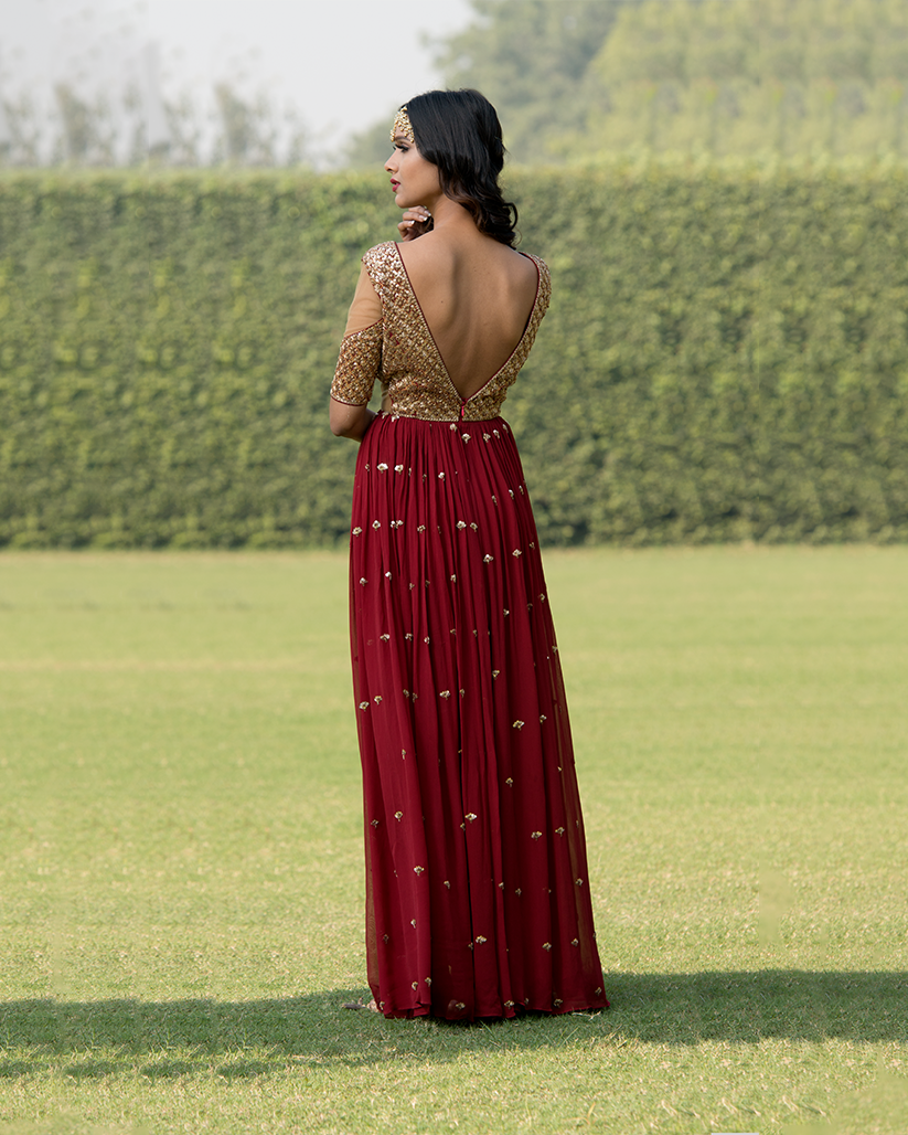 Shop Wine Embroidered Georgette Saree Gown Festive Wear Online at Best  Price | Cbazaar